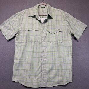 Huk Mens Performance Fishing Shirt Grey Lime Green Plaid Vented Short Sleeve  M
